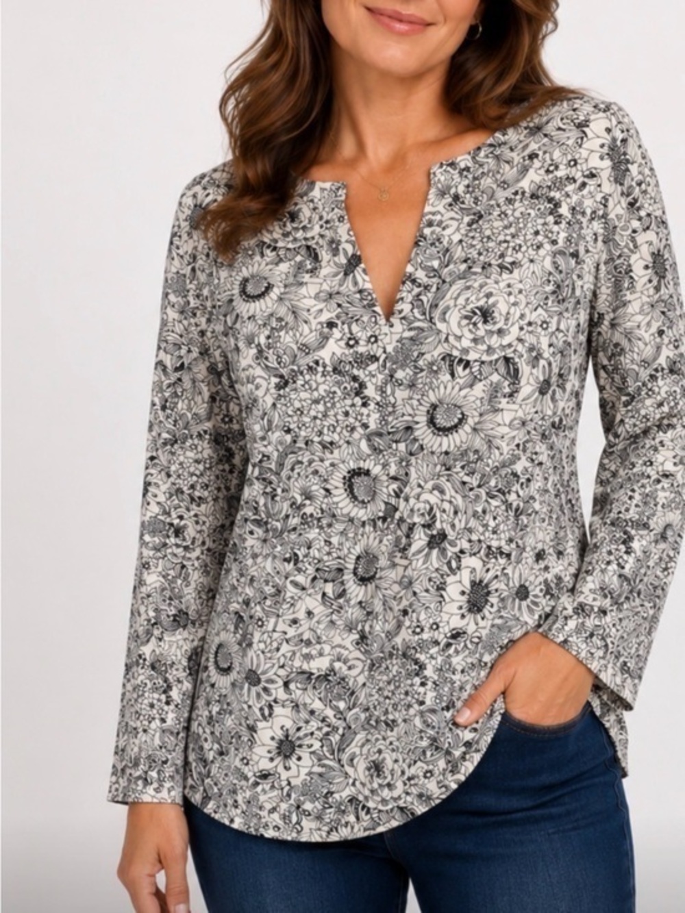 LOFT Long Sleeve Floral Boho Blouse Flowers Polyester Size Medium